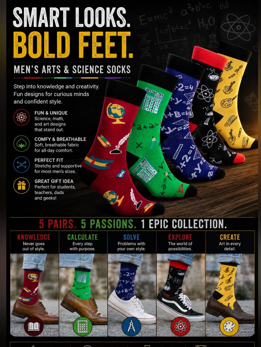 Men's Arts & Science Crew Socks - 5-Pack (Red, Green, Blue, Black, Yellow)